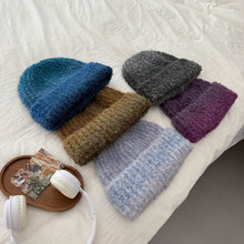 韩国小众设计彩色渲染渐变针织套头帽子秋冬保暖防寒大头围毛线帽