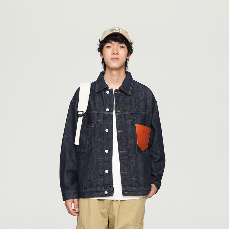 专柜经典原色水洗潮牌口袋拼接牛仔外套男款秋季宽松美式工装夹克