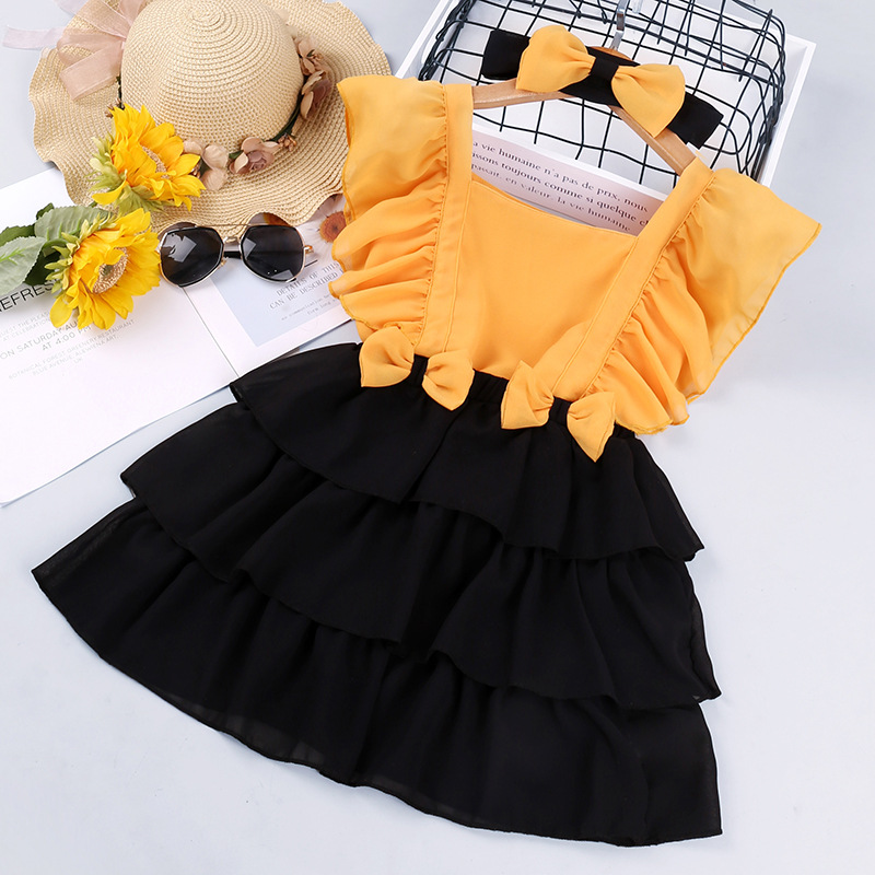 Girls dress summer square collar bowknot...