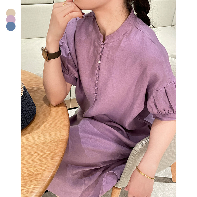 수직 칼라와 버클 풀 리넨 중간 길이 스커트와 함께 24 여름 새로운 중국 리넨 원피스 통근