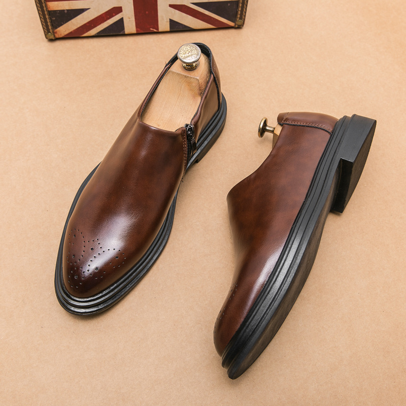 Estilo coreano de moda tallado zapatos de cuero puntiagudos de negocios de los hombres ropa formal perezoso slip-on zapatos de plataforma cremallera lateral zapatos de cuero Casuales