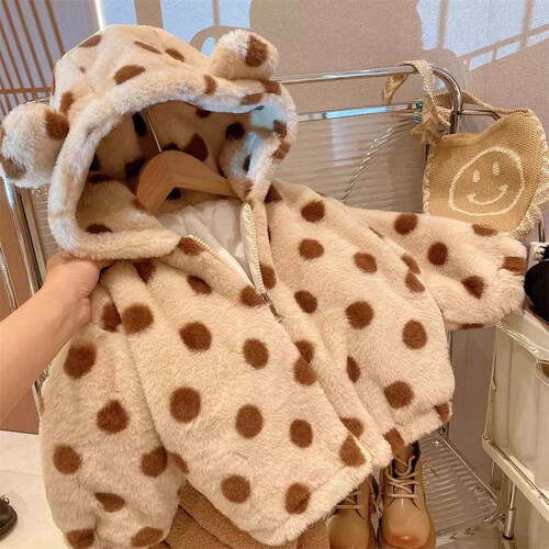 Baby Girl Wool Sweater 2025 Winter New Cap Hooded Polka Dot faux Fur Plush Warm Insulated Children's Jacket