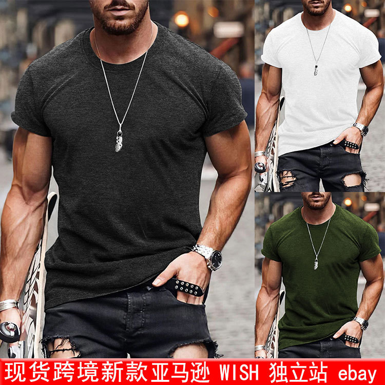 现货欧美男装短袖T恤衫大码休闲纯色上衣圆领衫亚马逊独立站批发