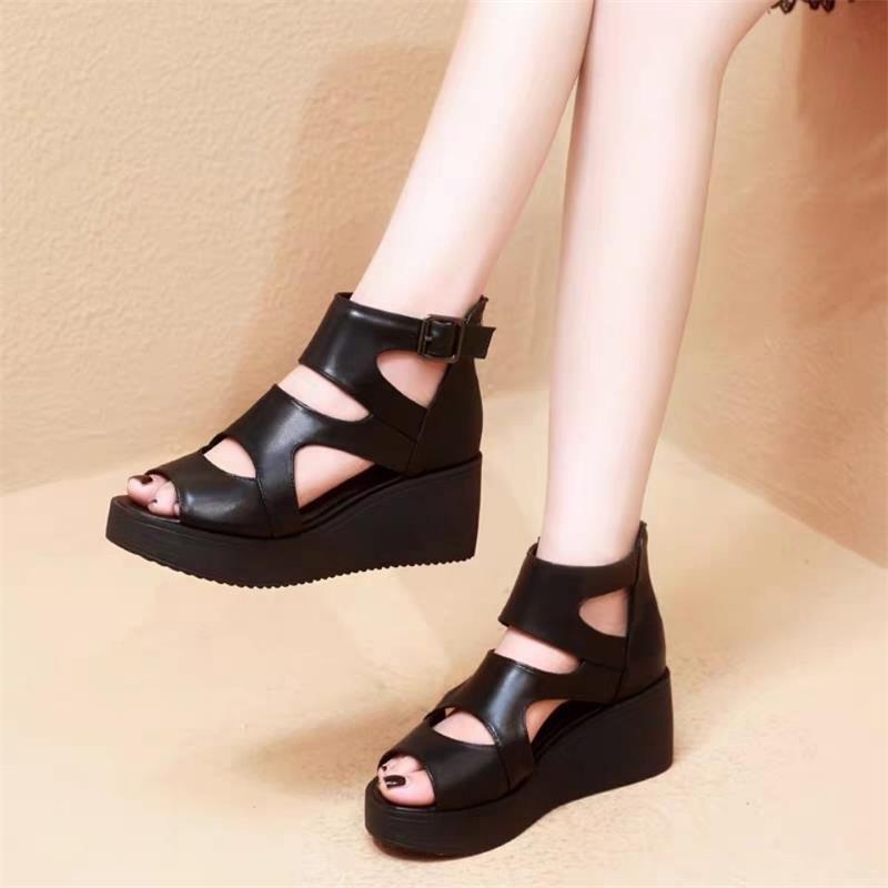 2024 primavera y verano sandalias de tacones altos muffins sandalias de suela gruesa tacones de pez boca zapatos de mujer huecos zapatos romanos transpirables