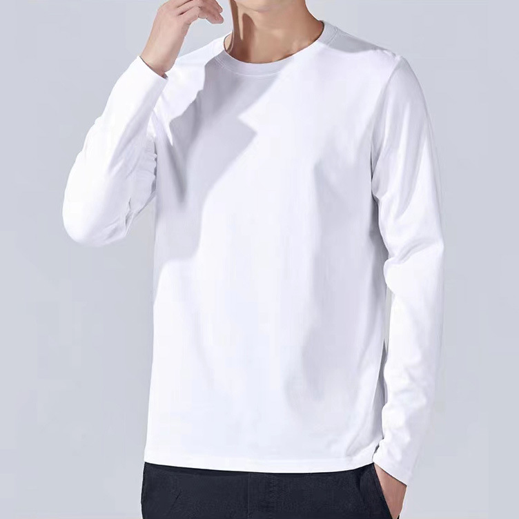 Camiseta de manga larga con cuello redondo de algodón peinado de 190 g con logotipo impreso personalizado, top de otoño e invierno, camisa holgada para capas interiores