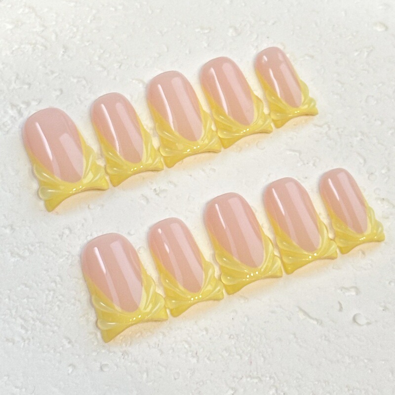 Cross-Border Popular Summer Yellow French Duckbill Nail Type Water Drop Shape Handmade Press-On Wearable Fake Nails