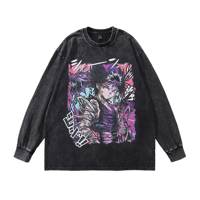 TKPA嘻哈潮牌男裝上衣日系卡通動漫印花寬鬆水洗做舊男女長袖t恤