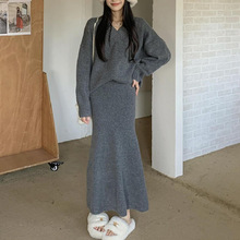 欧版秋冬新款慵懒风V领针织衫宽松套头毛衣包臀鱼尾半身裙套装女