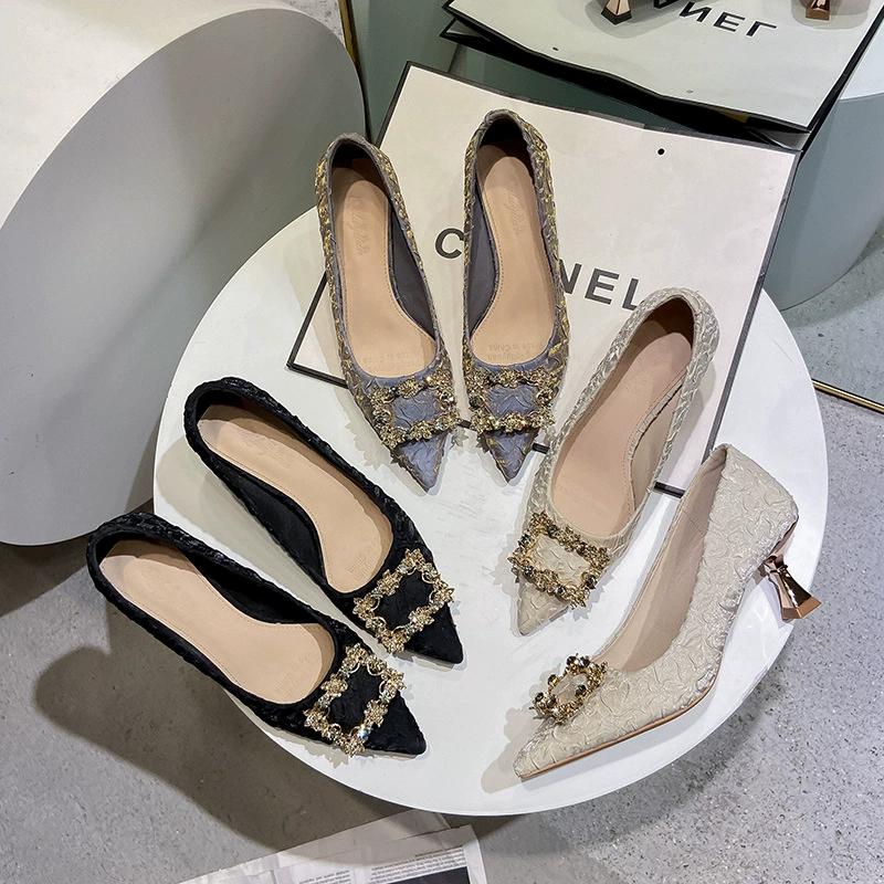 Фужер бутылка Pointed-Toe Обувь на каблуке, корейско-зид-стиль, жемчужная пряжка, элегантно повседневно