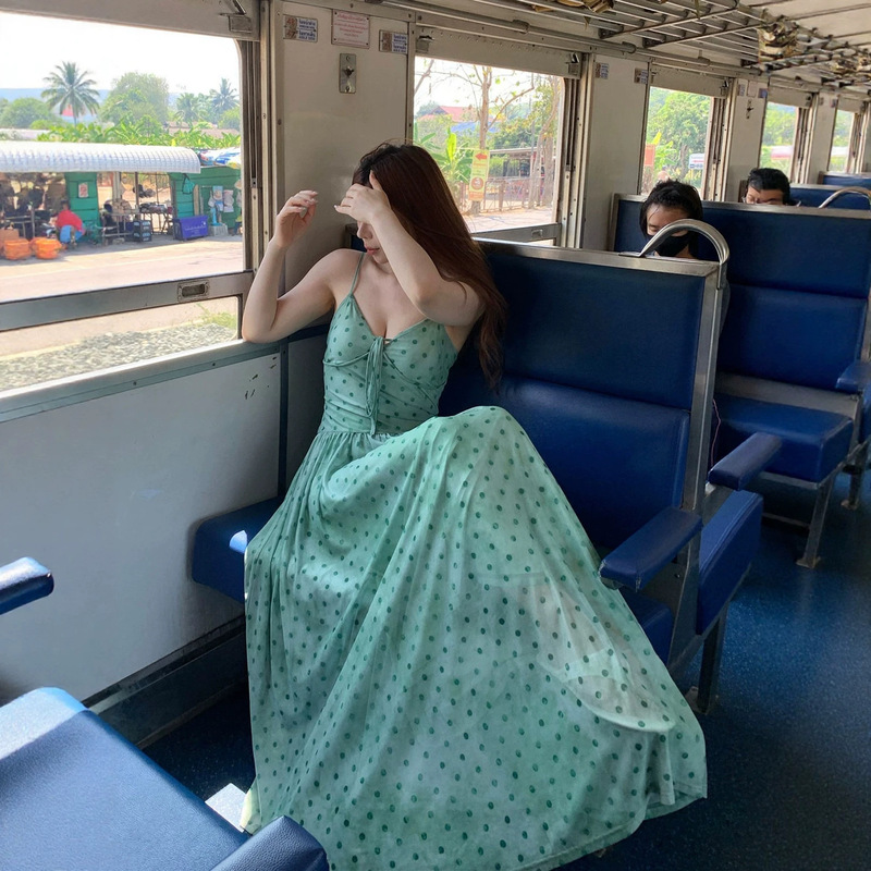 French-Style Polka Dot Green Spaghetti Strap Dress for Women, Summer Elegant Drapey Waist-Cinching A-Line Dress, Beach Vacation Style Long Dress French-Style Polka Dot Green Spaghetti Strap Dress for Women, Summer Elegant Drapey Waist-Cinching A-Line Dress, Beach Vacation Style Long Dress
