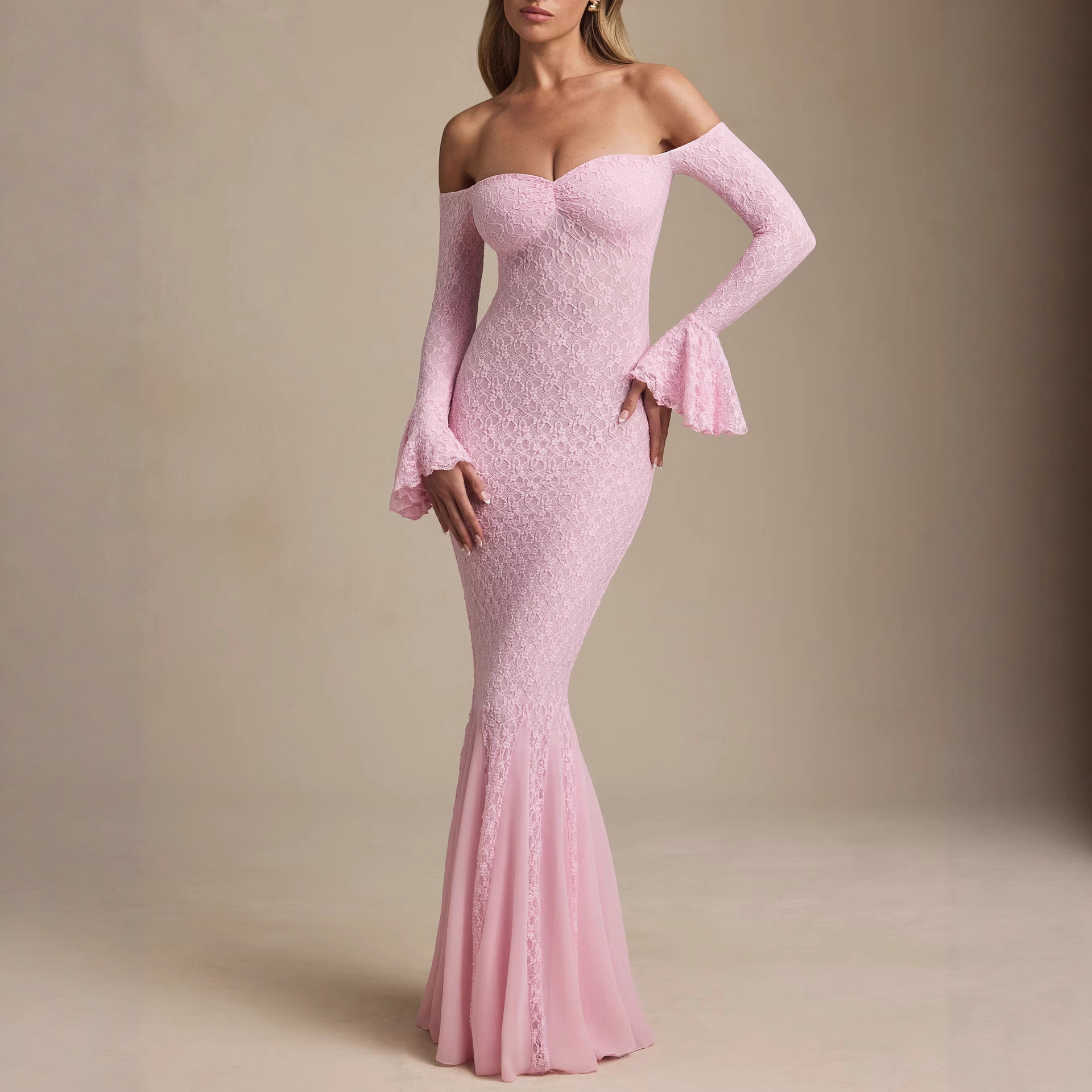 European and American Pure Lust Sexy Tube Top Hip Skirt Lace Backless Trumpet Sleeve Dress See-Through Evening Dress Fishtail Long Skirt