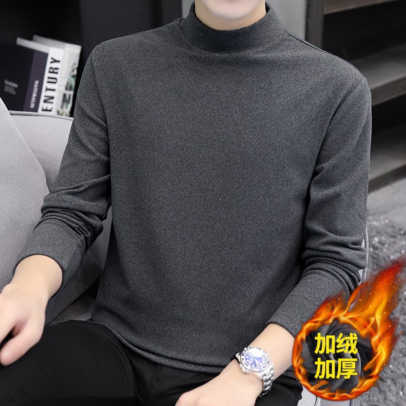 双面德绒半高领长袖T恤男青少年加绒加厚打底衫内衣中领保暖内搭