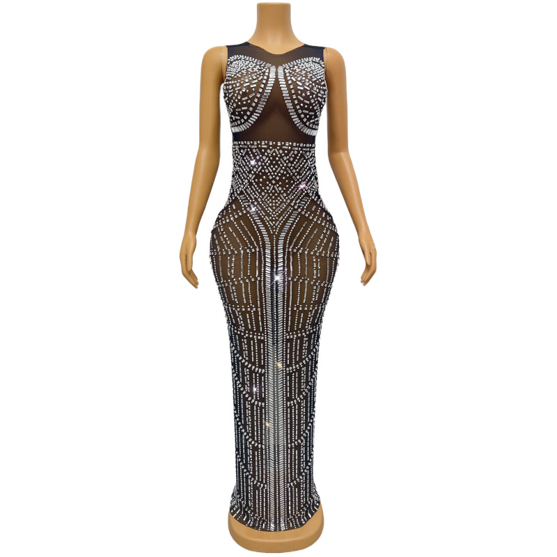 New Hot Rhinestone Long Sleeve Square Collar Slim-fit Ball Evening Dress Rhinestone Fishtail Dress Perspective Mesh European and American Women's Dress