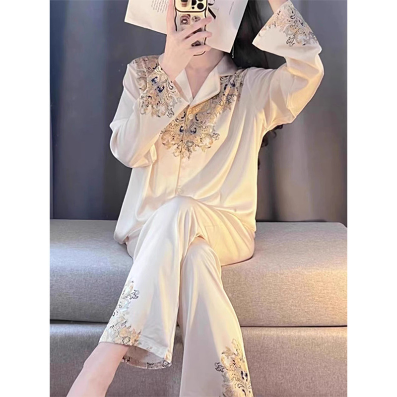 Guofeng Vintage Printed Pajamas Women's Spring and Autumn New Ice Silk Long Sleeve Trousers Fashionable Comfortable Breathable Home Clothes suit Guofeng Vintage Printed Pajamas Women's Spring and Autumn New Ice Silk Long Sleeve Trousers Fashionable Comfortable Breathable Home Clothes suit