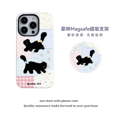 格子纹小黑猫磁吸支架菲林二合一适用苹果17pro手机壳16/15保护套