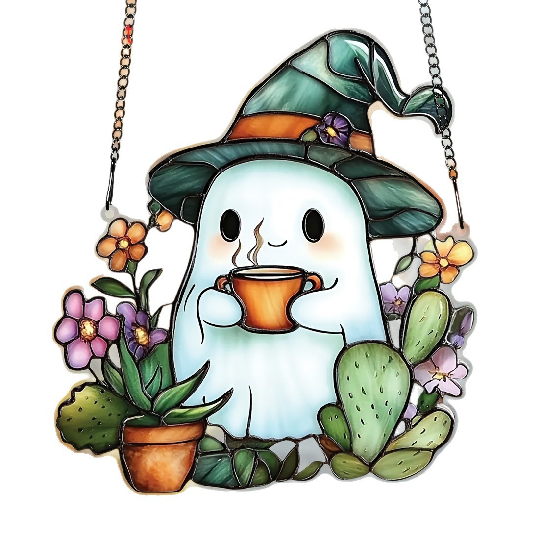 Nuevos productos transfronterizos Halloween lindo fantasma Sun Catcher pequeño fantasma 2D plano acrílico ambiente festivo adornos