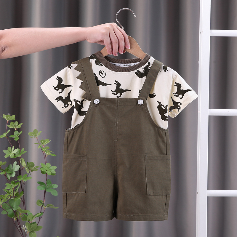 Ensemble t-shirt et salopette imprimé dinosaure pour garçon_voghion.com