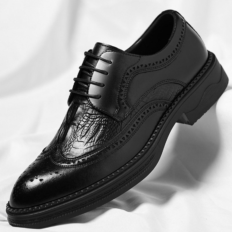 Giày da nam công sở da bò vân cá sấu mũi nhọn kiểu Brogue tăng chiều cao — Nâu công sở, Đen thời trang