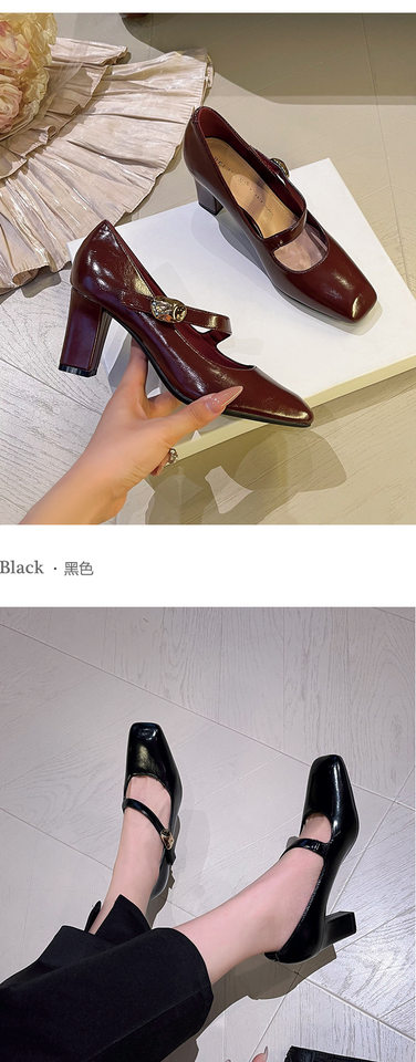 Giày cao gót nữ mũi vuông quai ngang khóa cài gót dày 6–8 cm — Màu trắng nhạt, rượu vang đỏ, đen chi tiết 11