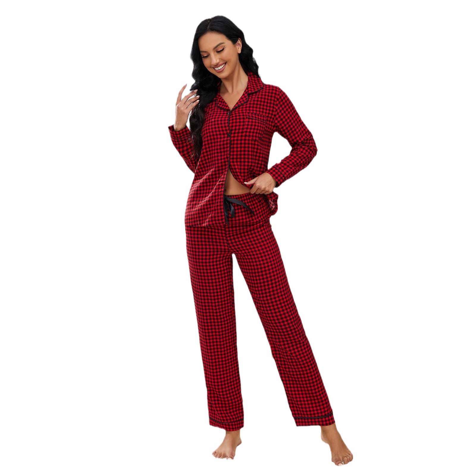 Damennachtwäsche im Frühling und Herbst, rot-schwarz karierte Strickjacke mit Ärmeln, lange Hosen, zweiteiliger Heimanzug_voghion.com