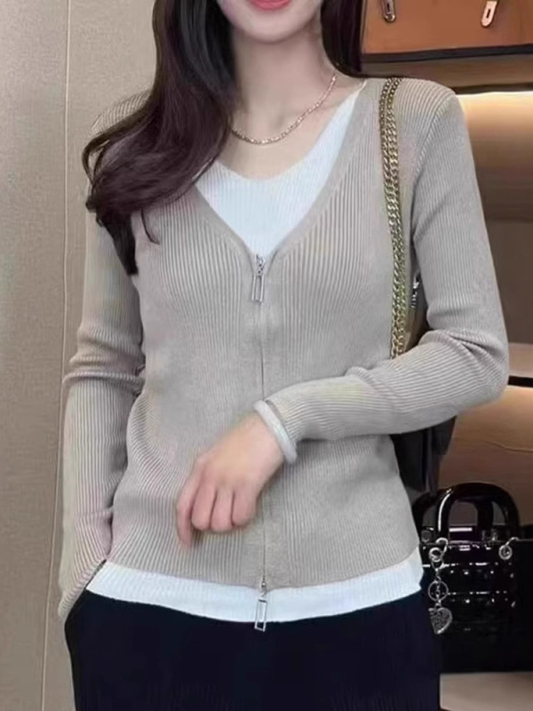 2025新款针织衫女秋季减龄针织开衫显瘦洋气小个子拉链假二件上衣|undefined