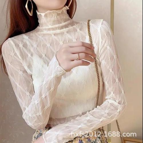 2107 long-sleeved fungus-edged high-neck long-sleeved chiffon lace top women's early autumn shirt new pleated bottoming shirt