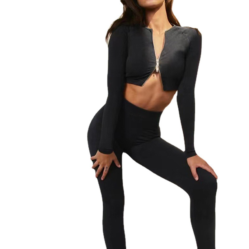 现货新款欧美砂洗无缝瑜伽服套装女长袖仿牛仔双拉链运动健身套装