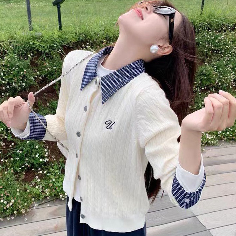 Fake Two-Piece Plaid Patchwork Lapel Knitwear Preppy Style Polo Shirt White Versatile Top Women's Woolen Knitwear Factory