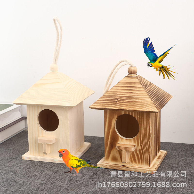 现货新款木质鸟窝喂鸟器户外鸟屋鸟巢装饰烧色田园实木可悬挂鸟笼|undefined
