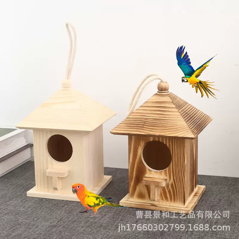 现货新款木质鸟窝喂鸟器户外鸟屋鸟巢装饰烧色田园实木可悬挂鸟笼