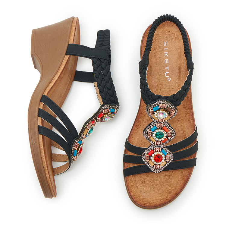 Sandal cao gót nữ đế xuồng đính đá pha lê hạt gỗ mùa hè 2025 — màu nâu, màu đen, mơ chi tiết 34