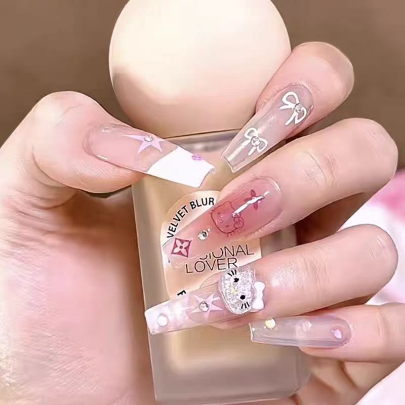 Ins Girly Heart Dopamine Cute Kitty Cat Mermaid Bubble Beads Mid-Length Detachable Wearable Nails Wholesale