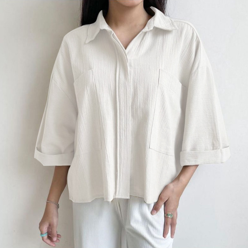 跨境亚马逊wish欧美女装七分袖纽扣纯色宽松衬衫休闲大码衬衣女