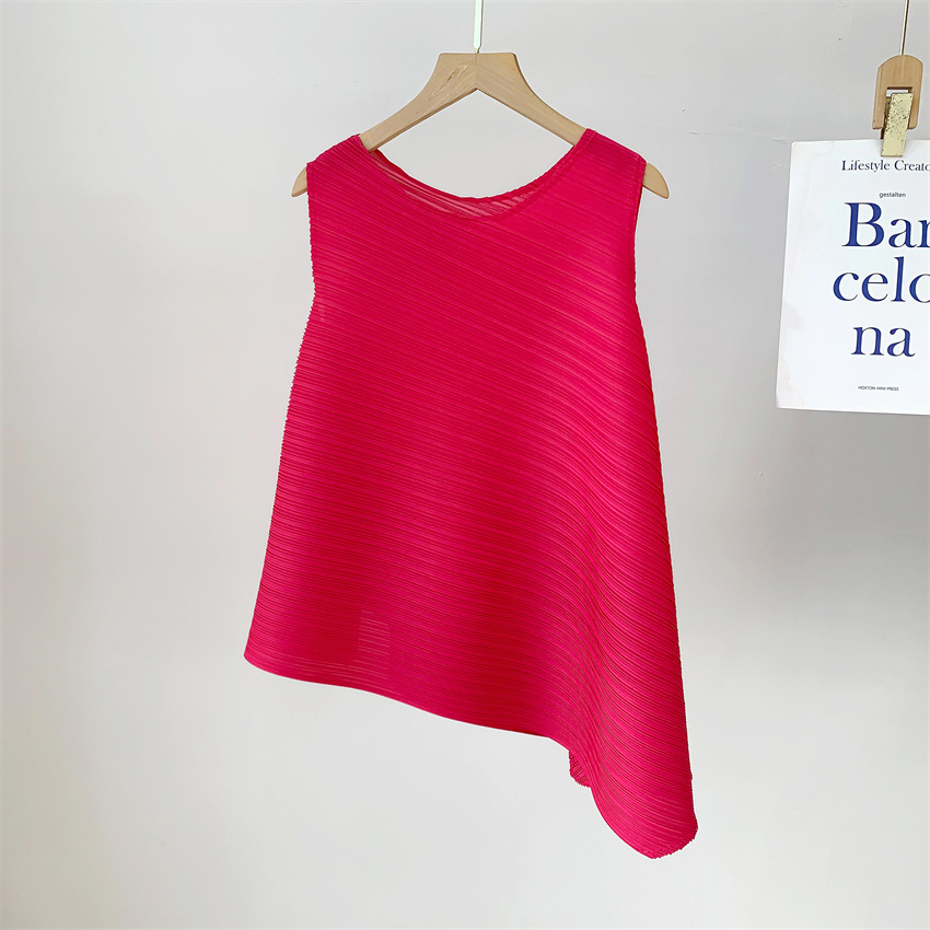 三宅流プリーツトップス レディース イレギュラーTシャツ ラウンドネック ノースリーブ ニッチ 快適 カジュアル ファッション 多用途