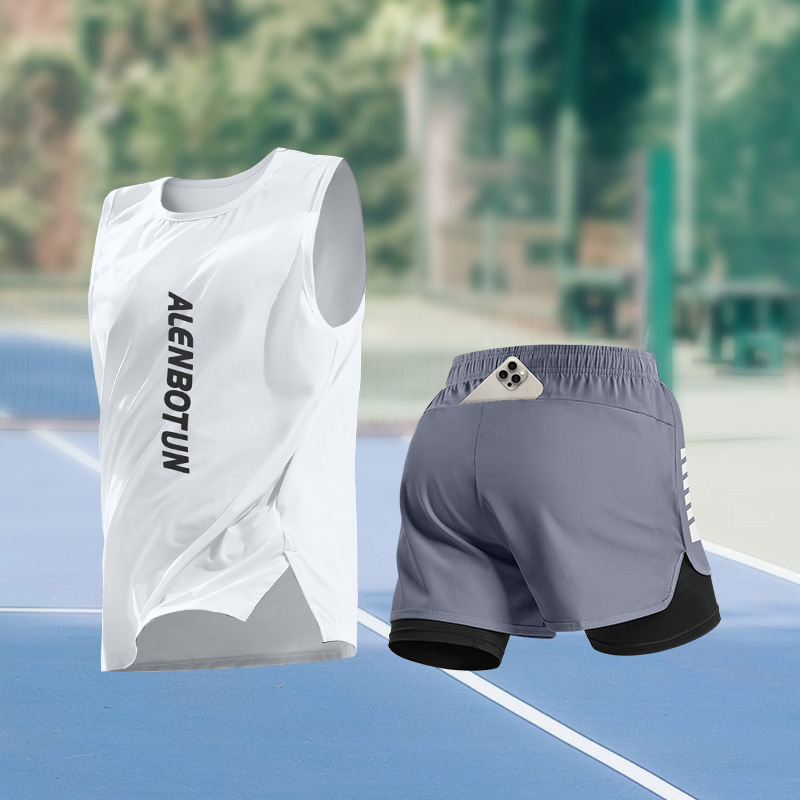 ランニングスポーツスーツメンズ夏の新しいマラソントレーニングフィットネス服プロの速乾性バスケットボールベストショーツ|undefined
