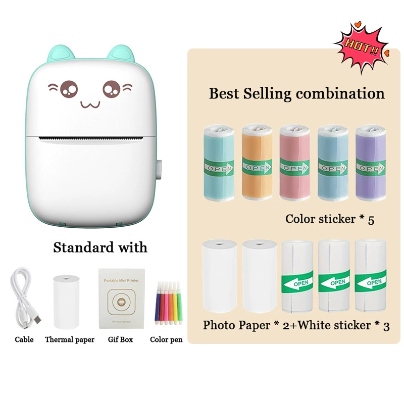 Handheld Photo Printer Mini Portable Thermal Printer, Cute Cat Design, Models A8C/C19/C25