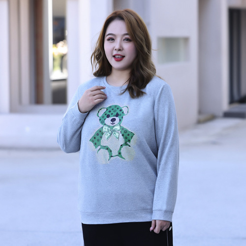 Plus size women's  autumn new style fat mm 200 pounds loose round neck hot diamond temperament casual sweatshirt long sleeves