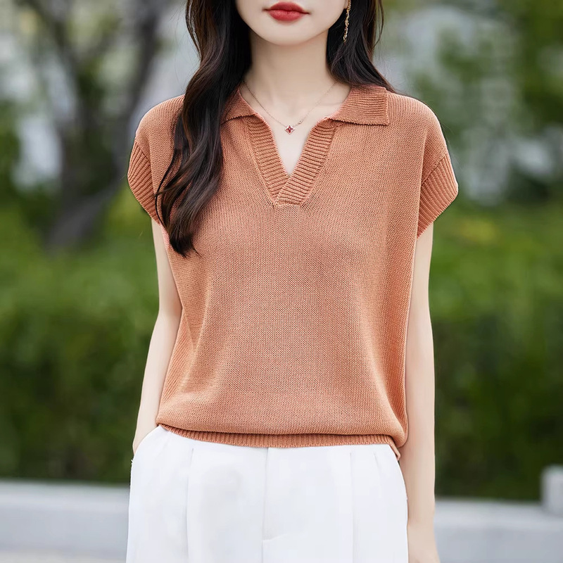 Cross-Border 2026 Summer New Style Linen Lapel Knit Short-Sleeve T-Shirt for Women, Solid Color Pullover Loose Base Shirt for Summer