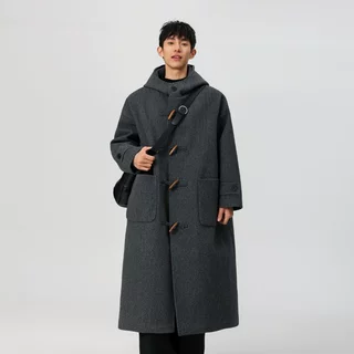 毛呢大衣男冬季加厚长款过膝牛角扣呢子外套高级感英伦风连帽风衣