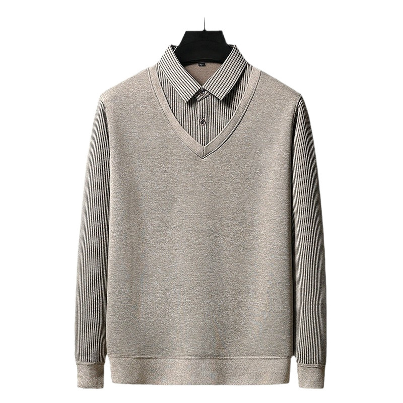 Papá suéteres más terciopelo engrosamiento hombres de mediana edad y ancianos ropa de invierno falso de dos piezas camisa cuello suéter base top
