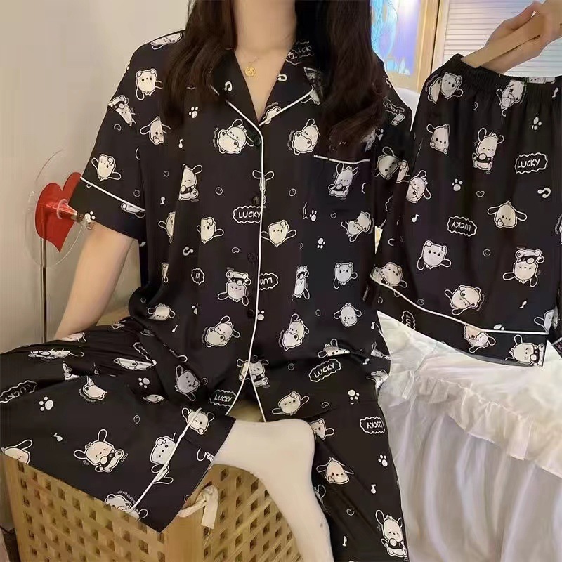 Pijamas de alta gama para mujer, conjunto de tres piezas con cárdigan a rayas de manga corta para verano, se puede usar en exteriores, conjunto de ropa para el hogar para primavera y otoño de 2025