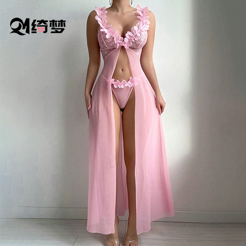 Cross-Border European and American Popular Style Slit Lace Camisole Long Dress for Women, See-Through Floral Lace Sexy Lingerie, Foreign Trade Wholesale