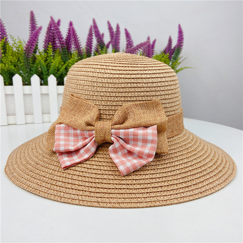Lattice Pattern Korean Summer Plaid Bow Straw Fisherman Hat Shade Travel Straw Hat