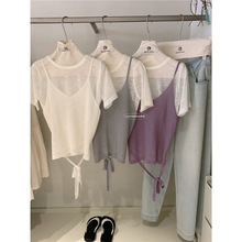 想象家韩系设计感后背系带吊带针织背心+纯色圆领透视短袖两件套