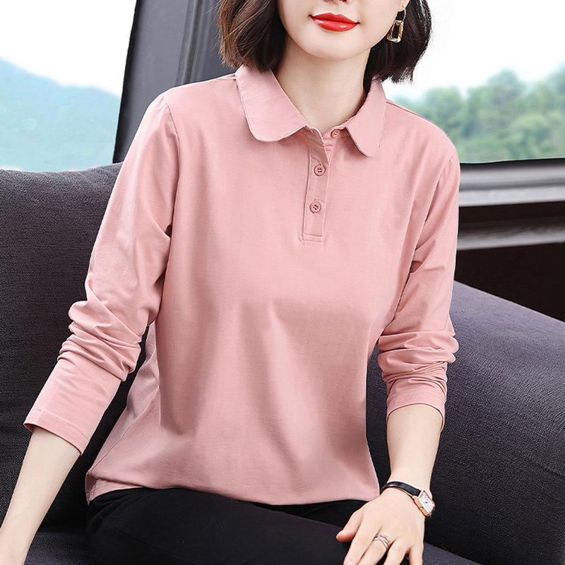Solid Color Polo Shirt Long Sleeve Middle-Aged Mom Outfit Spring and Autumn Turn-Down Collar Pure Cotton Top Base Shirt Collared T-Shirt Women Commuting Solid Color Polo Shirt Long Sleeve Middle-Aged Mom Outfit Spring and Autumn Turn-Down Collar Pure Cotton Top Base Shirt Collared T-Shirt Women Commuting