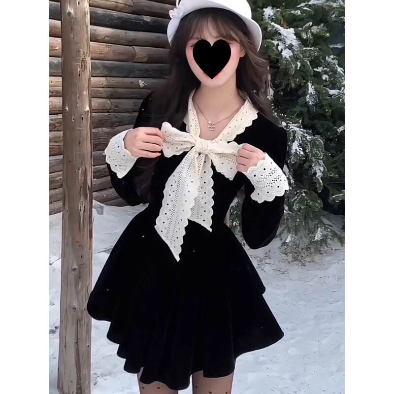 Autumn and Winter New Style Small Fragrant Bow Waist Dress Birthday Dress Little Black Dress Elegant Sexy Little Skirt