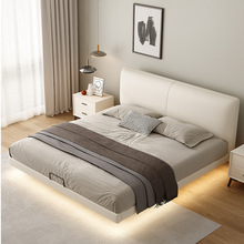 意式极简奶油风白色真皮悬浮床轻奢主卧齐边大床现代简约超薄床头