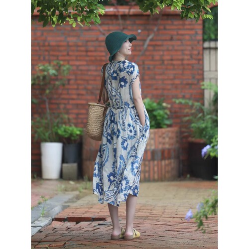 Blue dress for women 25 new summer style high-end exquisite and super good-looking slim cotton and linen skirt