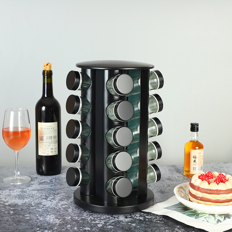 Acero inoxidable transfronterizo rotativo estante de botellas de condimento estante de almacenamiento de especias de cocina negra estante de condimento simple multifuncional