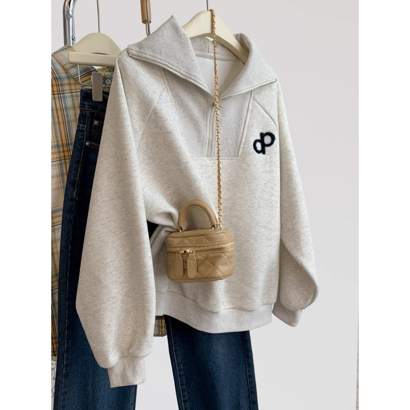 Foreign trade clearance ~ tail goods brand gray polo collar half zipper sweater women's spring and autumn loose lazy wind top Foreign trade clearance ~ tail goods brand gray polo collar half zipper sweater women's spring and autumn loose lazy wind top